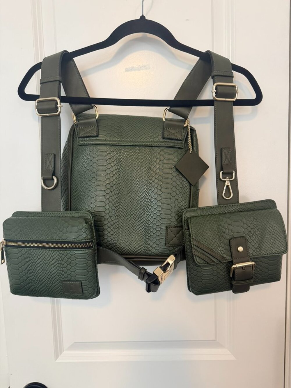 Tote & Carry Green Snakeskin Embossed 3-Piece Backpack Set